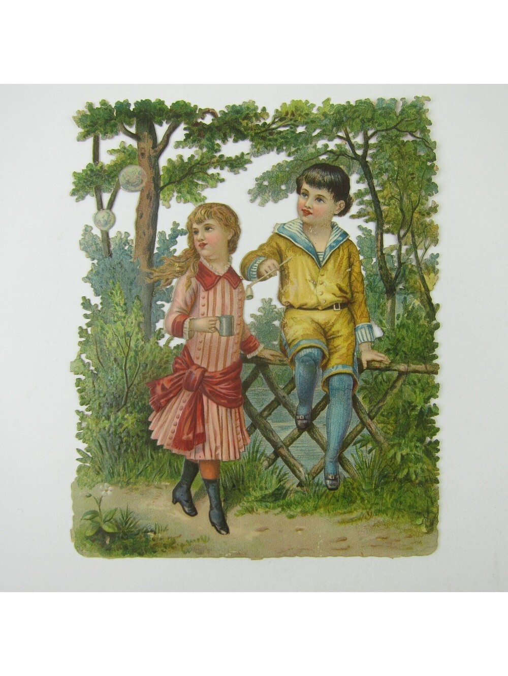 Victorian Die cut Ephemera Children Bubbles Boy Yellow Sailor Suit Girl Antique